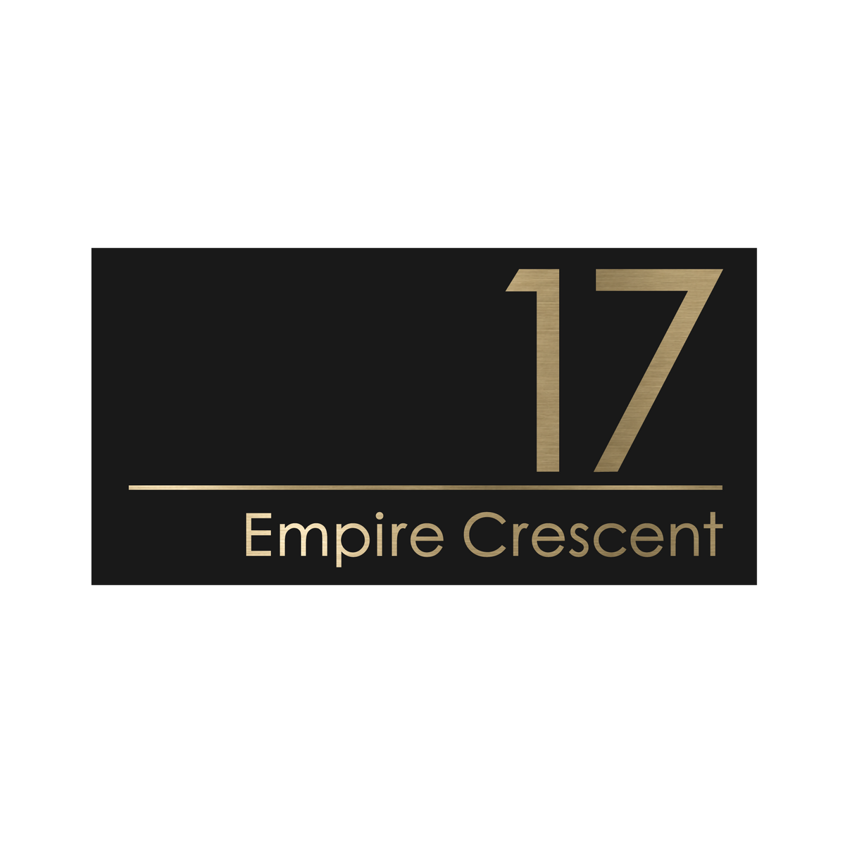 A black house sign with a brushed gold house number and street name