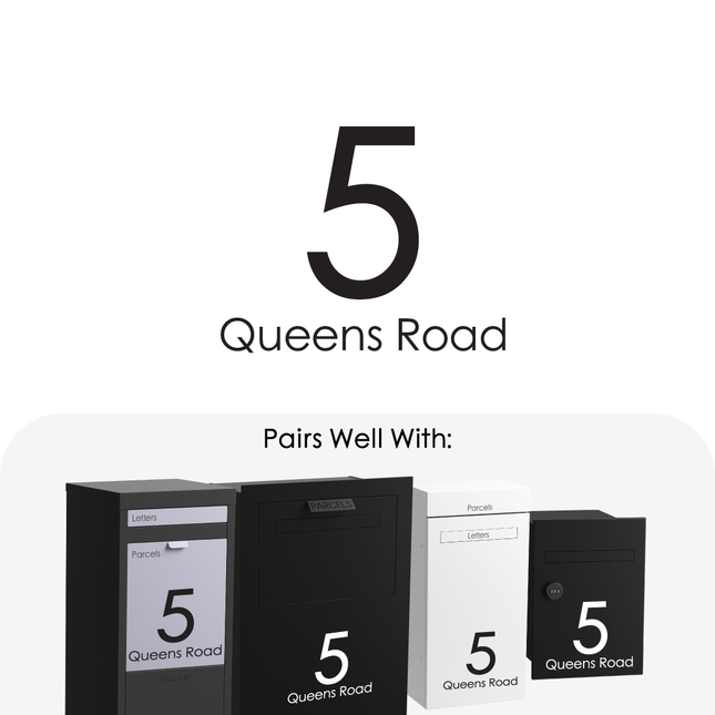 Address decal stickers for '5 Queens Road' displayed on white and black surfaces.