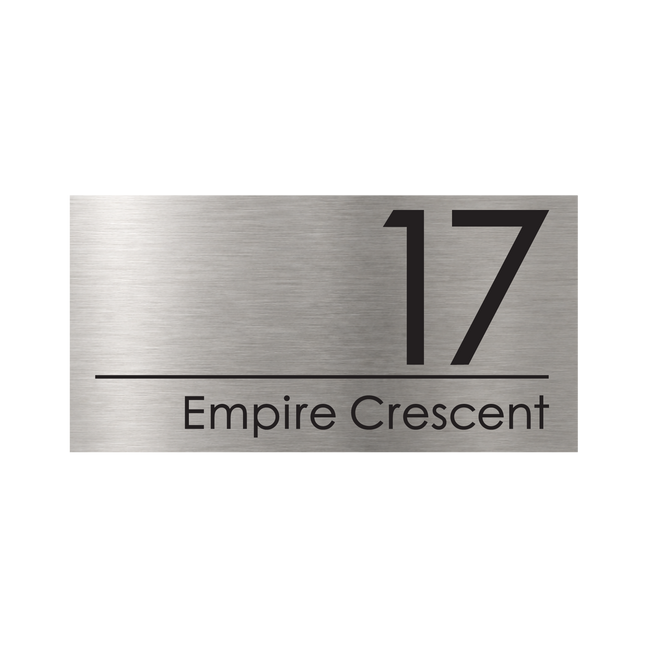 Large brushed silver metallic house sign, 400 x 200 mm, with the house number and street name cut through to a black plate