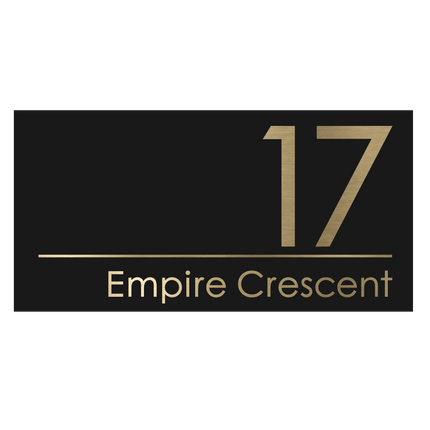 Extra large metallic house sign in Black Matte, 500 x 250 mm, with raised brushed gold house number and street name