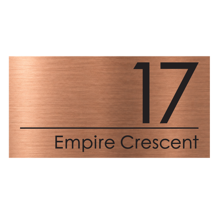 Extra large brushed copper metallic house sign, 500 x 250 mm, with the house number and street name cut through to a black plate