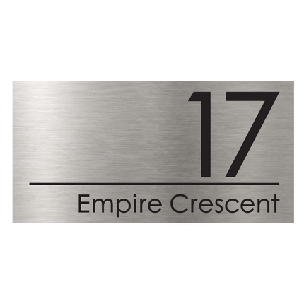 Extra large brushed silver metallic house sign, 500 x 250 mm, with the house number and street name cut through to a black plate