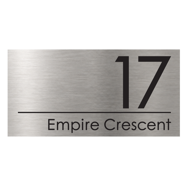 Extra large brushed silver metallic house sign, 500 x 250 mm, with the house number and street name cut through to a black plate
