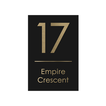 Large portrait metallic house sign in Black Matte, 250 x 375 mm, with raised brushed gold house number and street name