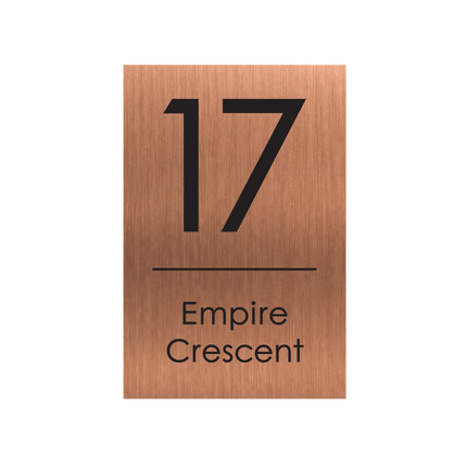 Large portrait brushed copper metallic house sign, 250 x 375 mm, with the house number and street name cut through to a black plate