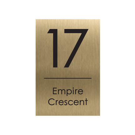 Large portrait brushed gold metallic house sign, 250 x 375 mm, with the house number and street name cut through to a black plate