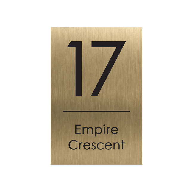 Large portrait brushed gold metallic house sign, 250 x 375 mm, with the house number and street name cut through to a black plate