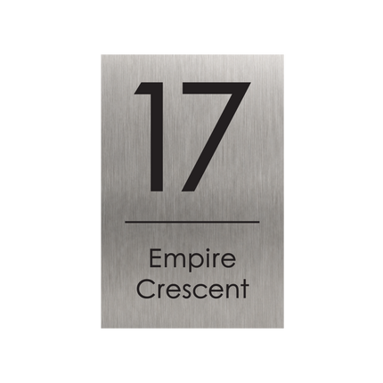 Large portrait brushed silver metallic house sign, 250 x 375 mm, with the house number and street name cut through to a black plate