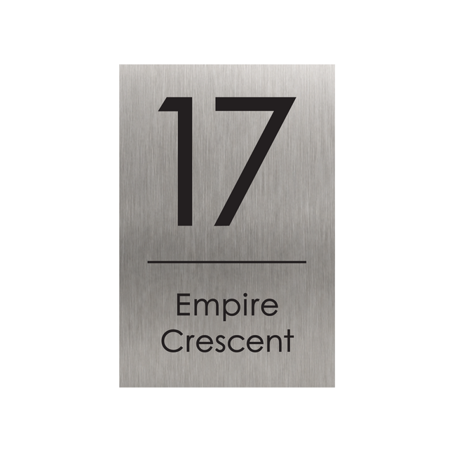 Large portrait brushed silver metallic house sign, 250 x 375 mm, with the house number and street name cut through to a black plate