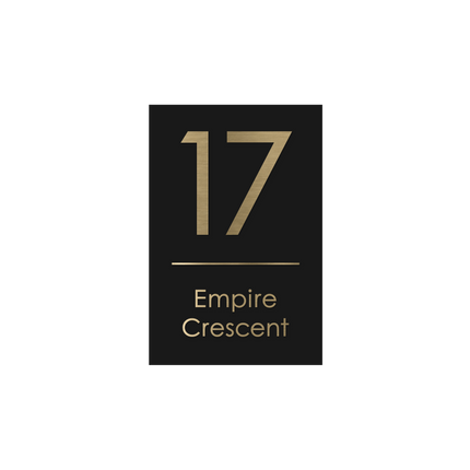 Medium portrait metallic house sign in Black Matte, 200 x 300 mm, with raised brushed gold house number and street name