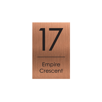 Medium portrait brushed copper metallic house sign, 200 x 300 mm, with the house number and street name cut through to a black plate