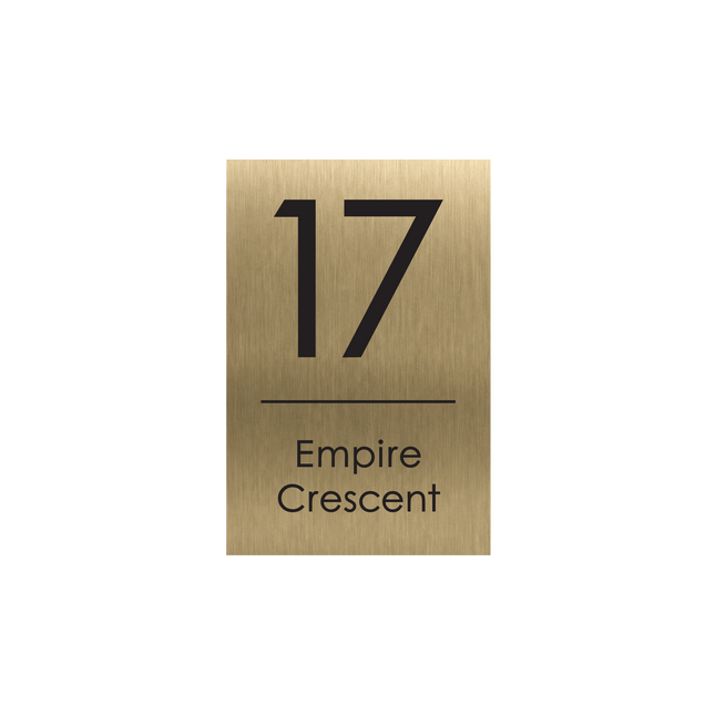 Medium portrait brushed gold metallic house sign, 200 x 300 mm, with the house number and street name cut through to a black plate