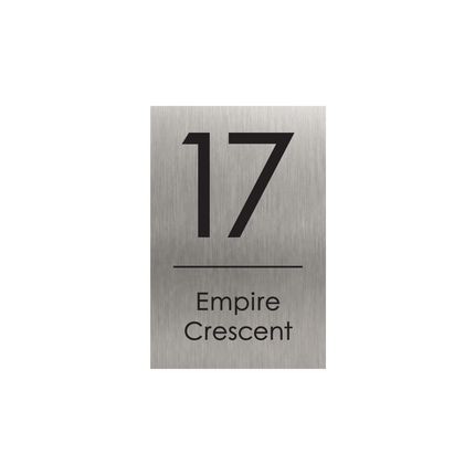 Medium portrait brushed silver metallic house sign, 200 x 300 mm, with the house number and street name cut through to a black plate