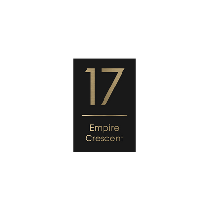 Small portrait metallic house sign in Black Matte, 165 x 250 mm, with raised brushed gold house number and street name