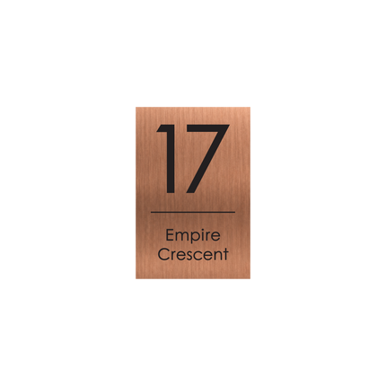 Small portrait brushed copper metallic house sign, 165 x 250 mm, with the house number and street name cut through to a black plate