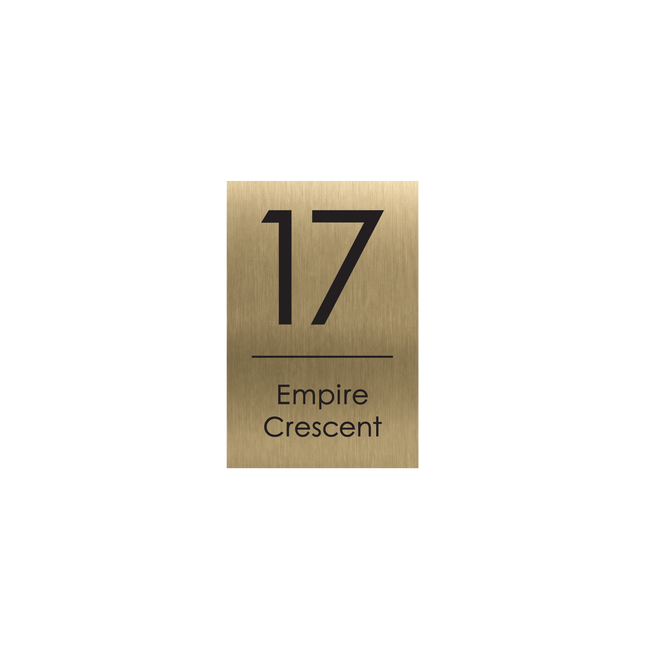 Small portrait brushed gold metallic house sign, 165 x 250 mm, with the house number and street name cut through to a black plate