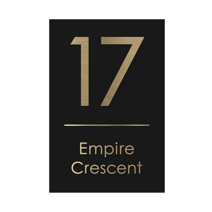 Extra large portrait metallic house sign in Black Matte, 300 x 450 mm, with raised brushed gold house number and street name