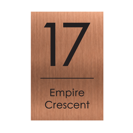 Extra large portrait brushed copper metallic house sign, 300 x 450 mm, with the house number and street name cut through to a black plate