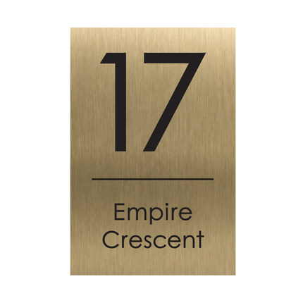 Extra large portrait brushed gold metallic house sign, 300 x 450 mm, with the house number and street name cut through to a black plate