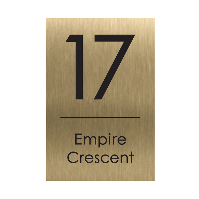 Extra large portrait brushed gold metallic house sign, 300 x 450 mm, with the house number and street name cut through to a black plate