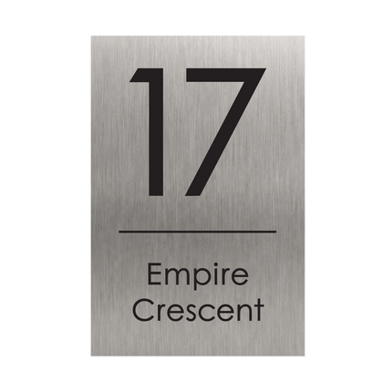 Extra large portrait brushed silver metallic house sign, 300 x 450 mm, with the house number and street name cut through to a black plate