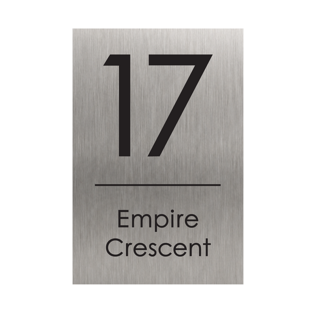 Extra large portrait brushed silver metallic house sign, 300 x 450 mm, with the house number and street name cut through to a black plate