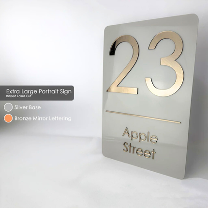 Extra Large Portrait Sign Raised Cut Type Silver Glossy Base Bronze Mirror Lettering