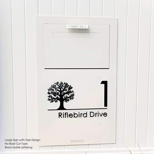 Large Sign with Tree Design No Base Cut Type Black Matte Lettering