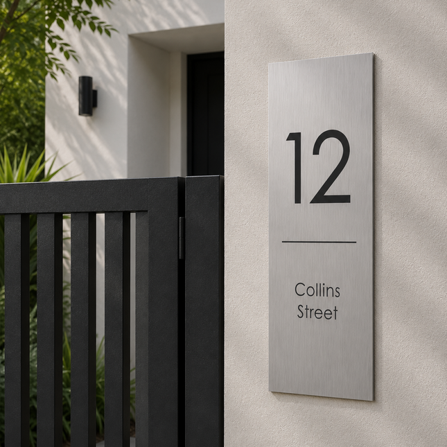 A modern rectangular brushed-metal house number sign reading '12' with 'Collins Street' below, mounted on a light stucco wall beside a black gate and greenery.