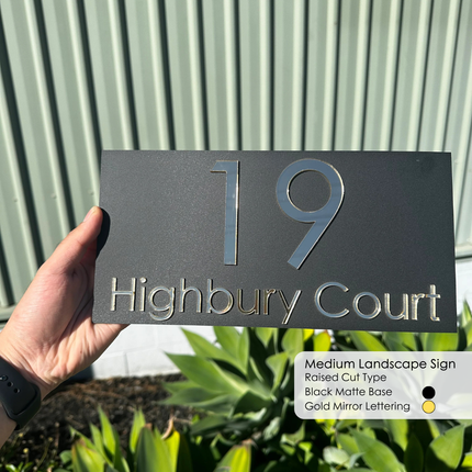 House number sign with '19 Highbury Court' held by a hand against a green wall.
